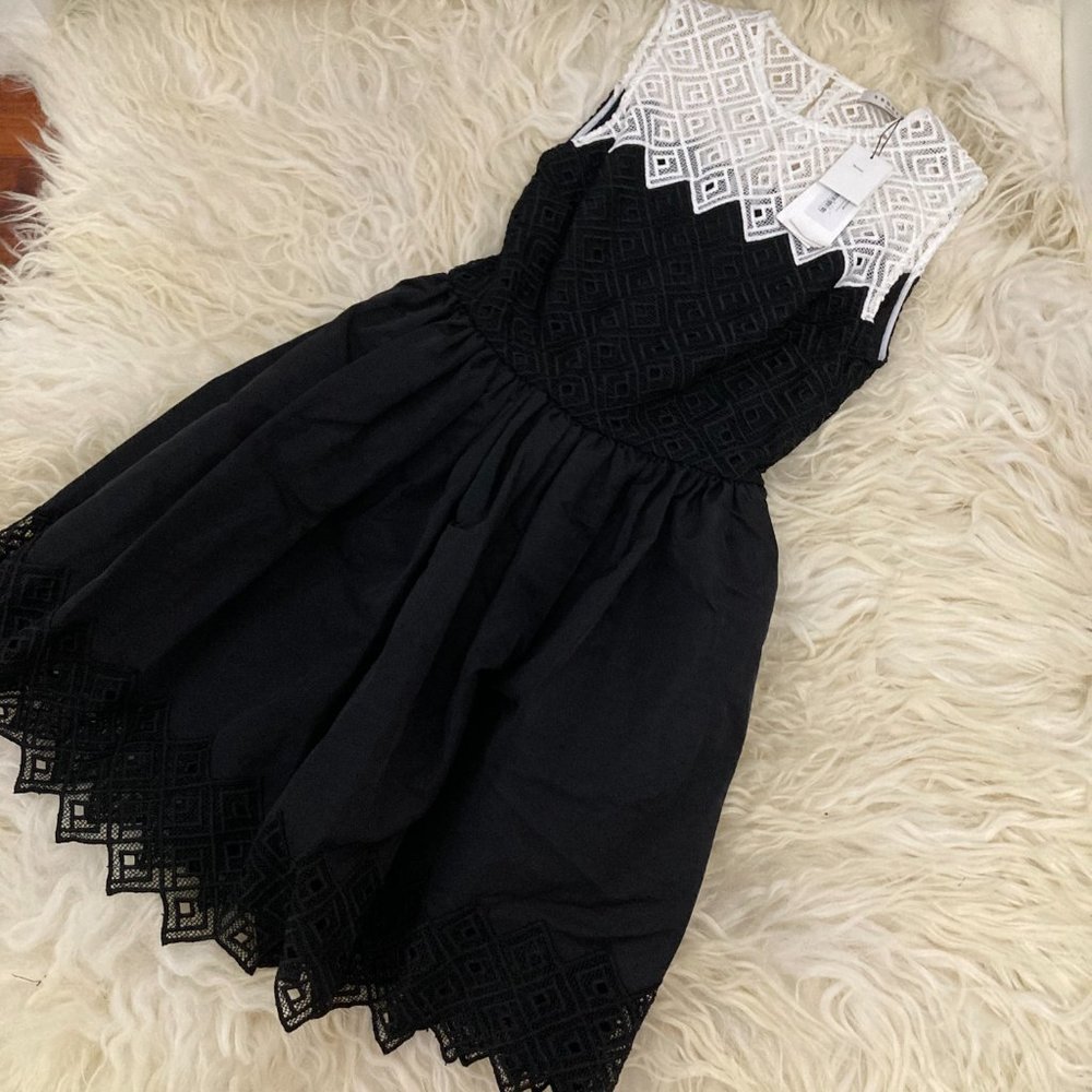 SANDRO Black & White Sleeveless Crochet Fit & Flare Dress - Picture 7 of 15